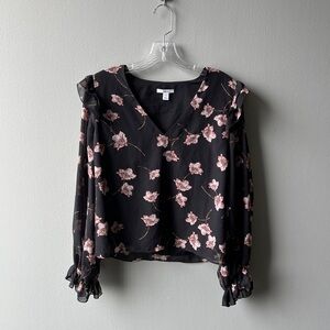 Bar III Floral Black and Pink Women's Long Sleeve Blouse